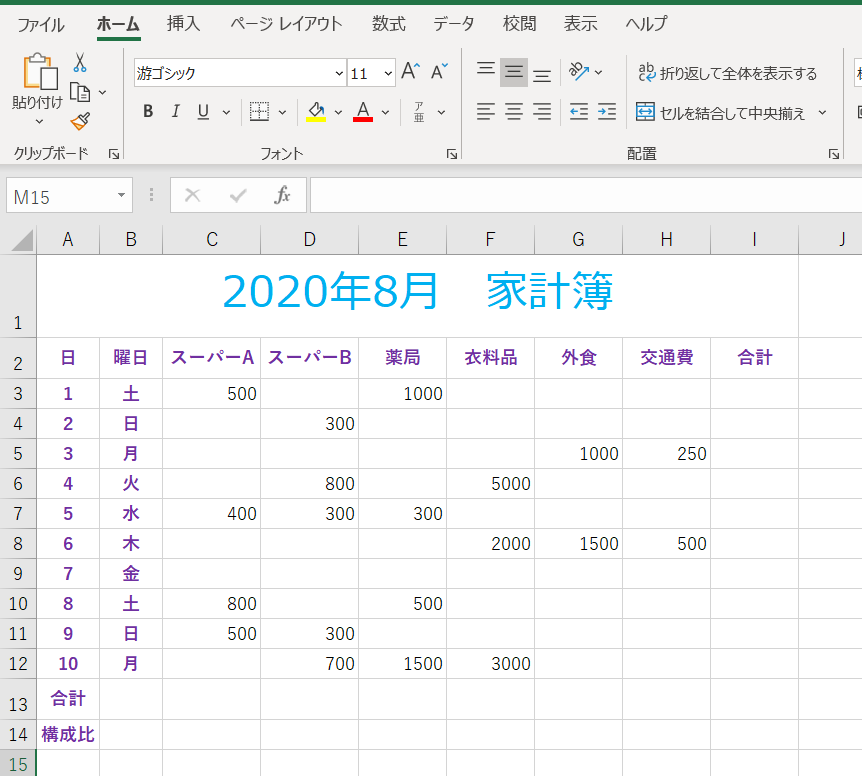 表に金額を入力した画像