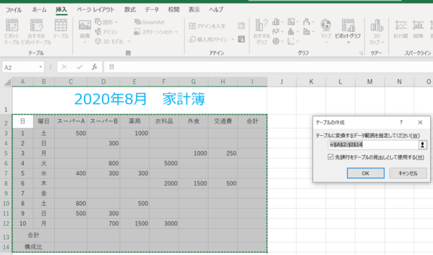 テーブル範囲を選択した画像