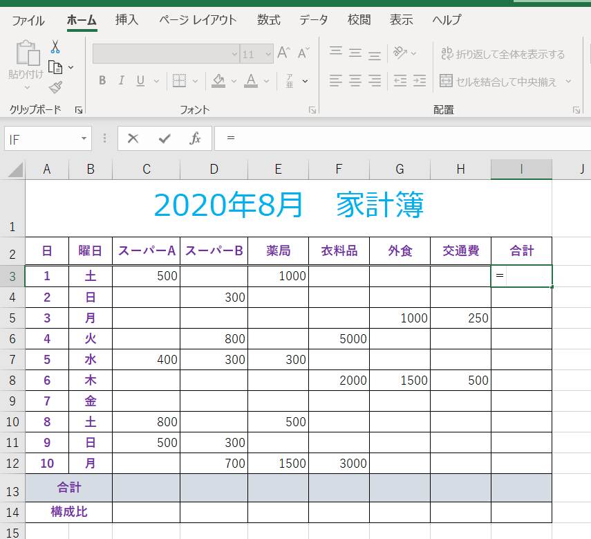 合計を出したいセルに＝を入力した画像
