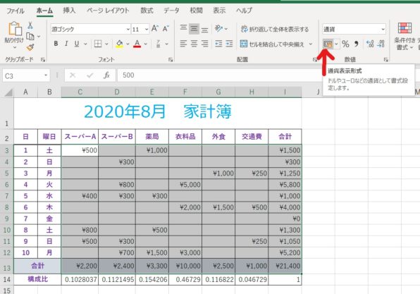 範囲を選択し、通貨表示形式を設定した画像