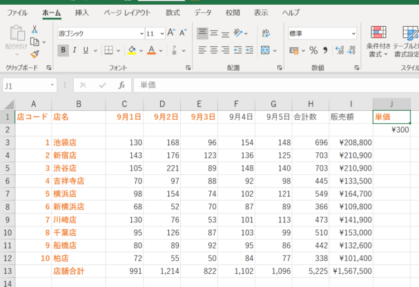 セルJ1をクリックした瞬間に書式がコピーされた画像