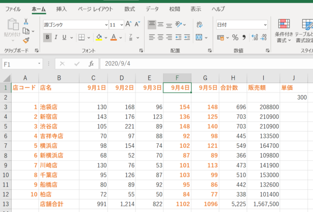 セルA1~E13の書式がセルF1を起点に貼り付けられた画像