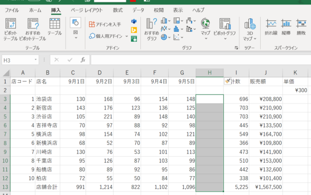 スパークラインを挿入したいセルH3～H13を選択した画像