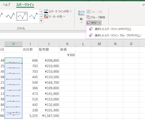 スパークラインの削除の選択をする画像