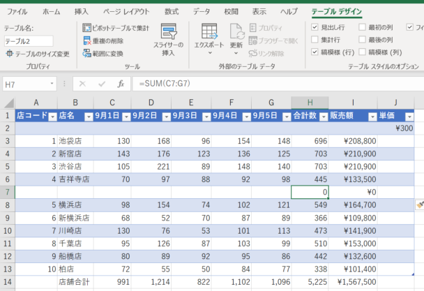 数式が引き継がれているか確認すべくセルH7をクリックした画像