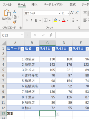 集計行のセルをクリックしたら▼が表示された画像