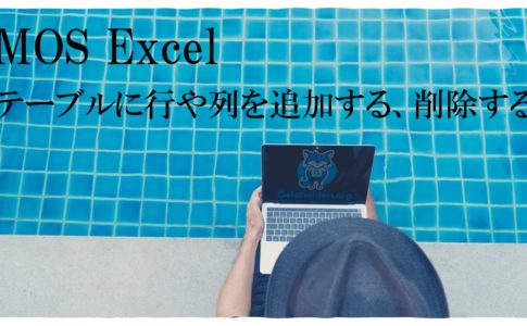 プールサイドでパソコンを持っている人の画像。MOS Excel　テーブルに行や列を追加する、削除すると書いてある