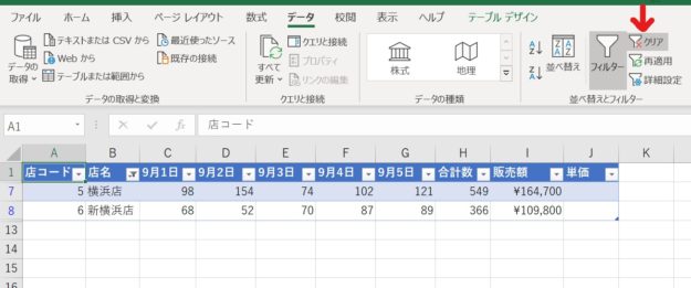 フィルターの条件を解除すべくクリアボタンを強調した画像